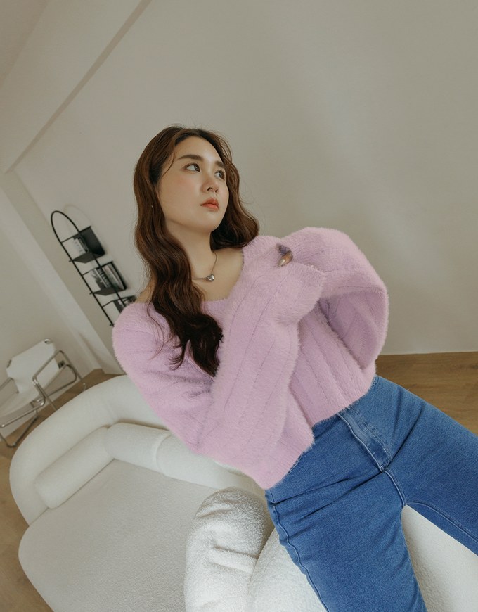 V Neck Fluffy Sweater Knit Top