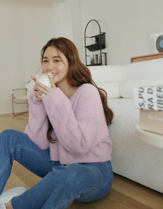 V Neck Fluffy Sweater Knit Top