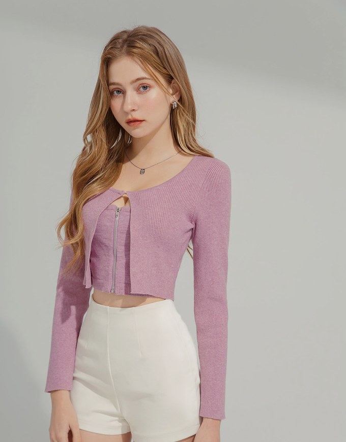Faux 2 Piece Zip Knit Top