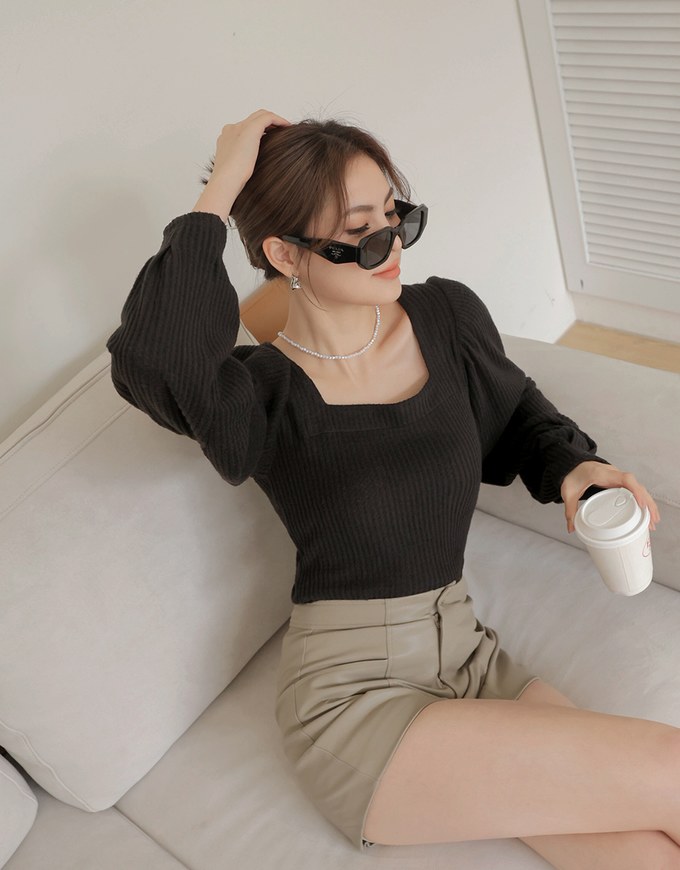 Square Neck Tweed Puff Sleeve Top