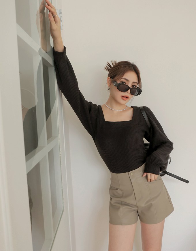 Square Neck Tweed Puff Sleeve Top