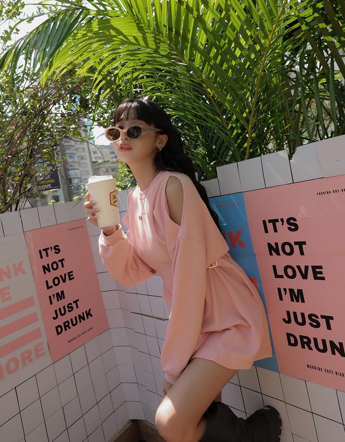 Hollow Shoulder Side Button Cottom Mini Dress