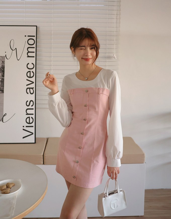 Faux 2 Peice Spliced Round Neck Shirt Mini Dress