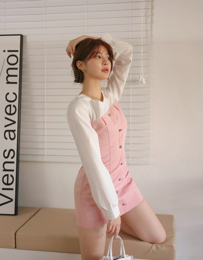 Faux 2 Peice Spliced Round Neck Shirt Mini Dress