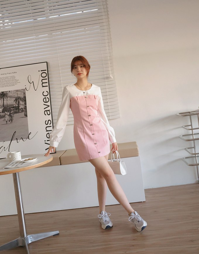 Faux 2 Peice Spliced Round Neck Shirt Mini Dress