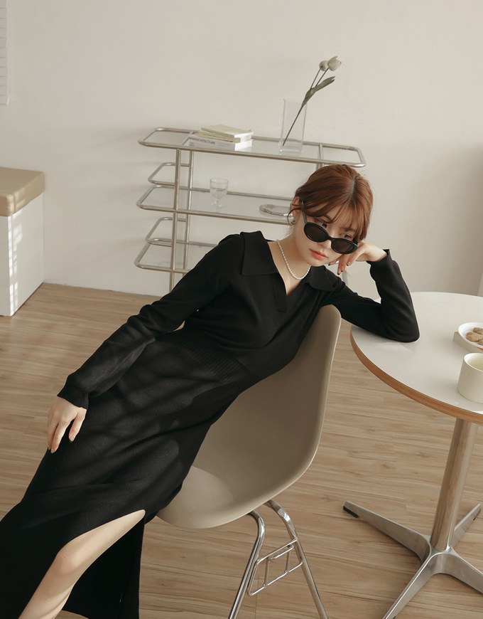 Lapel Knit Slit Maxi Dress