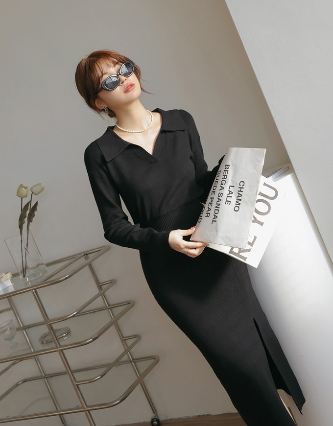 Lapel Knit Slit Maxi Dress