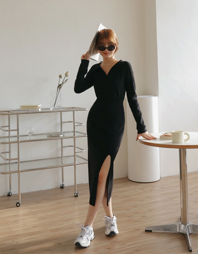 Lapel Knit Slit Maxi Dress