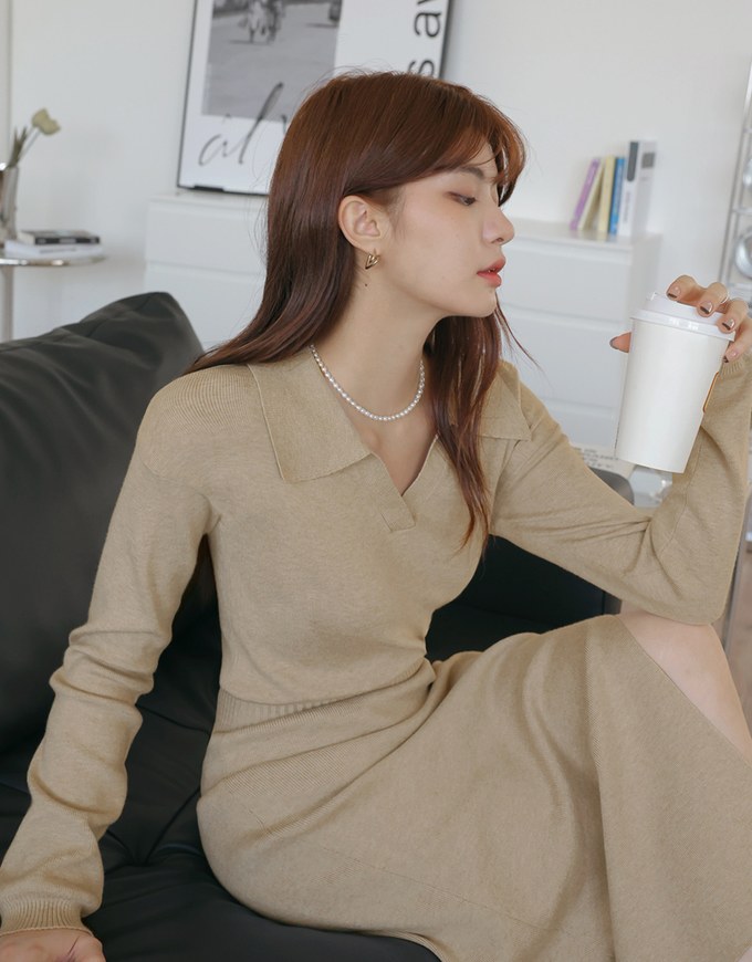 Lapel Knit Slit Maxi Dress