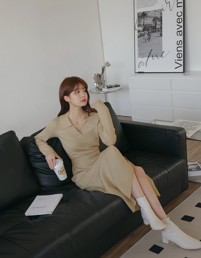 Lapel Knit Slit Maxi Dress