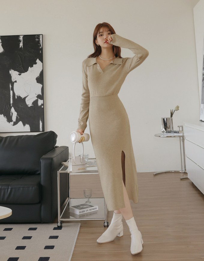 Lapel Knit Slit Maxi Dress