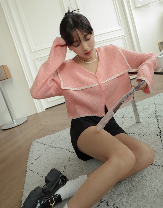 Collar Snap Button Cardigan Knit Top