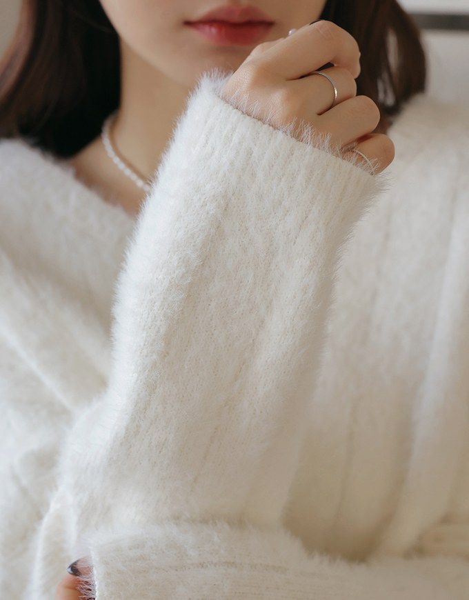 V Neck Fluffy Sweater Knit Top