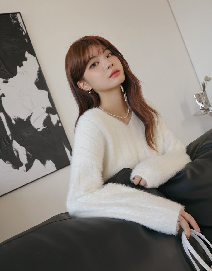 V Neck Fluffy Sweater Knit Top