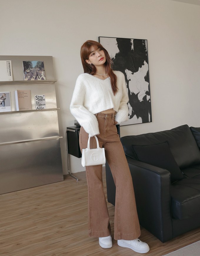 V Neck Fluffy Sweater Knit Top