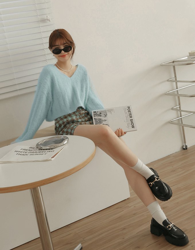 V Neck Fluffy Sweater Knit Top