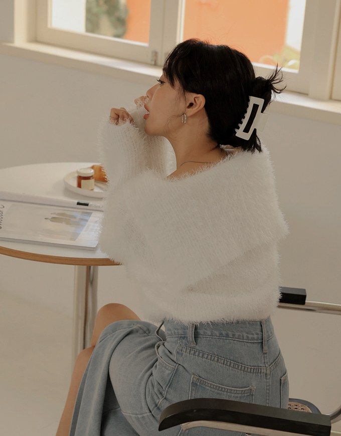 Faux Mink Fluffy Knit Top Cardigan With Preppy Collar