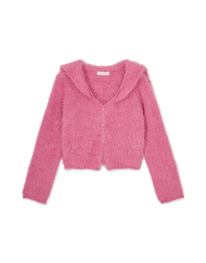 Faux Mink Fluffy Knit Top Cardigan With Preppy Collar