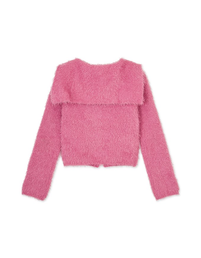 Faux Mink Fluffy Knit Top Cardigan With Preppy Collar