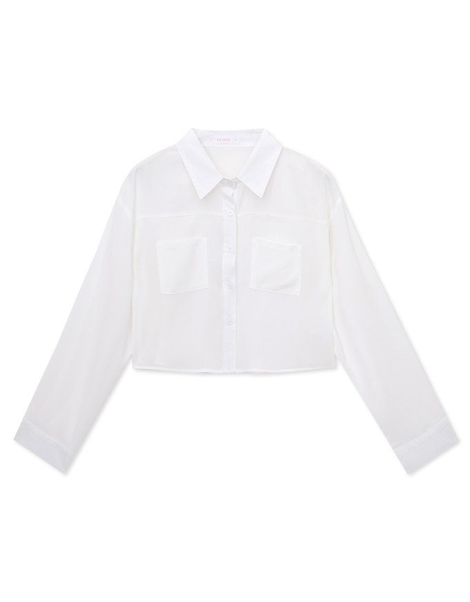 Wrinkled Sheer Double-Pocket Collar Blouse