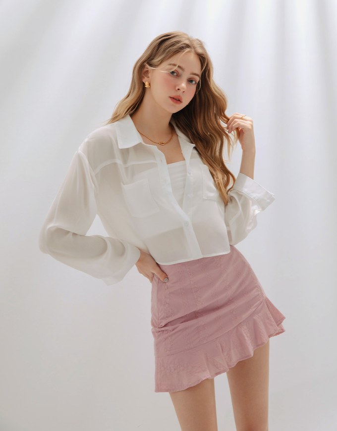 Wrinkled Sheer Double-Pocket Collar Blouse