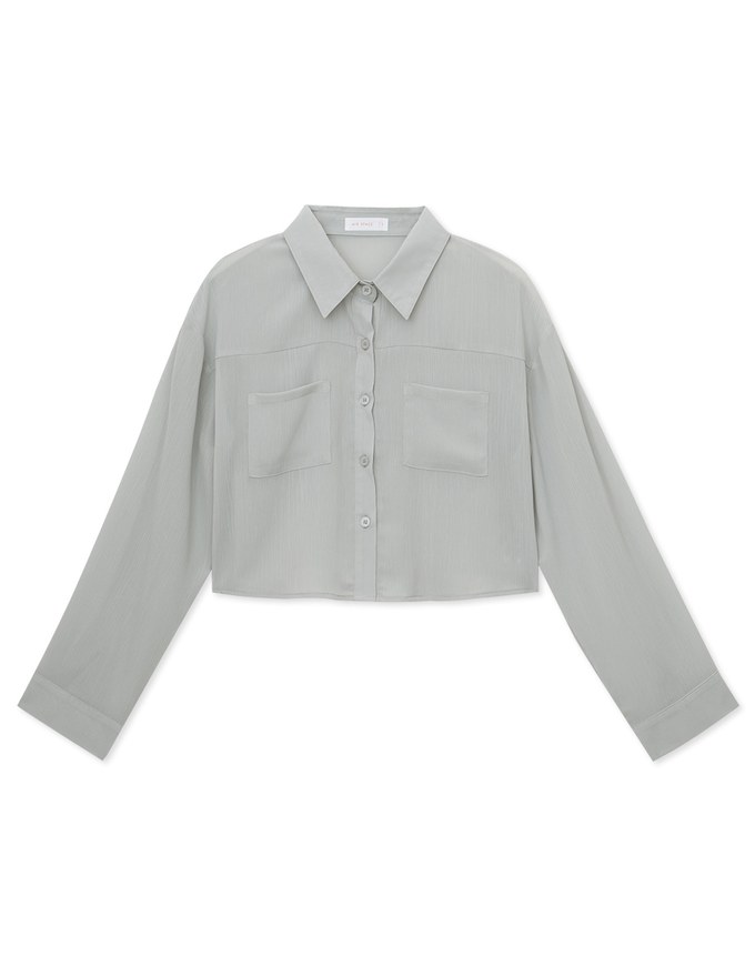Wrinkled Sheer Double-Pocket Collar Blouse