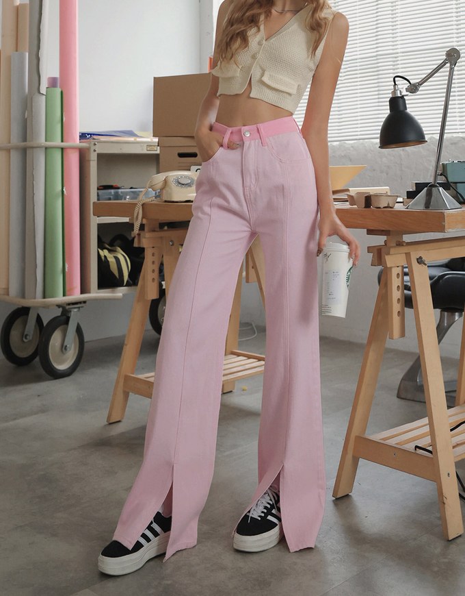 Pink Patchwork Slit Jeans