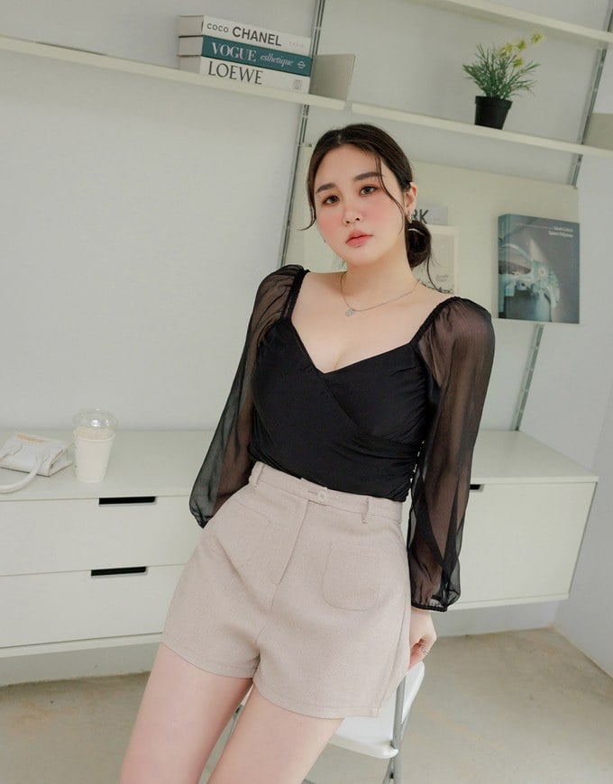 Heart Neckline Scrunch Patchwork Sheer Top