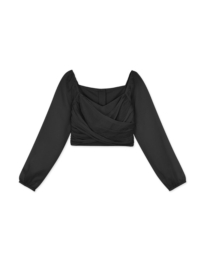 Heart Neckline Scrunch Patchwork Sheer Top