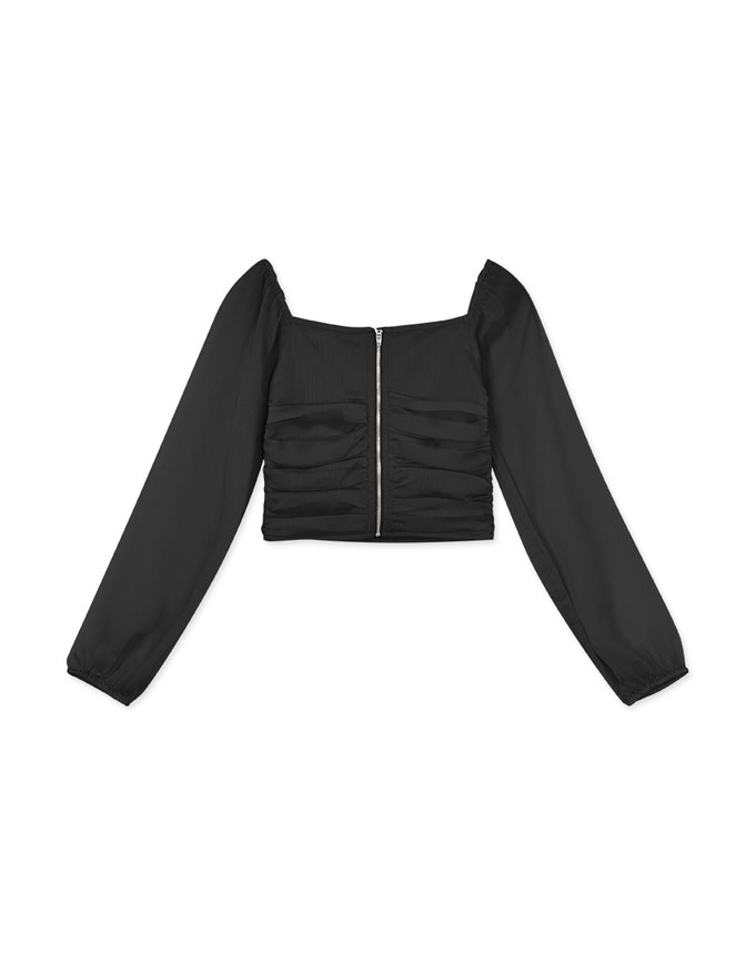 Heart Neckline Scrunch Patchwork Sheer Top