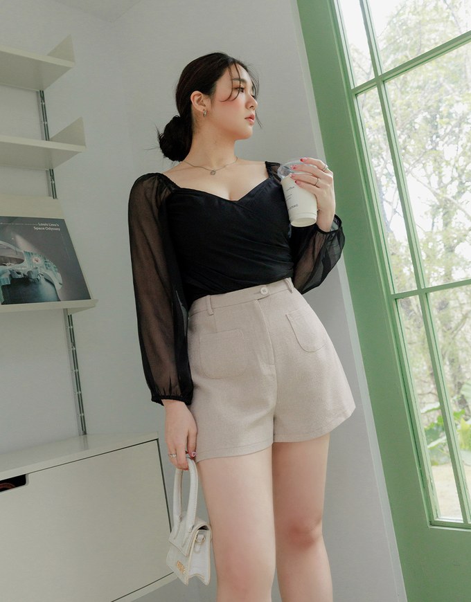 Heart Neckline Scrunch Patchwork Sheer Top