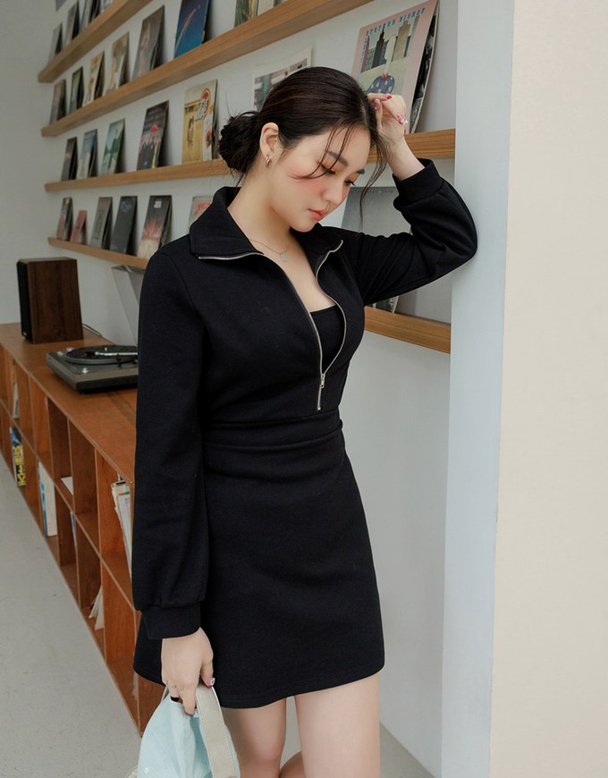 Half-Zip Turnover Collar Dress
