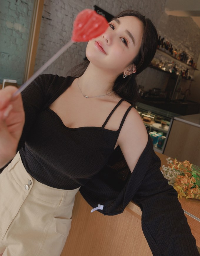 One Shoulder Dual Strap Cami Top + Cardigan (With padding)