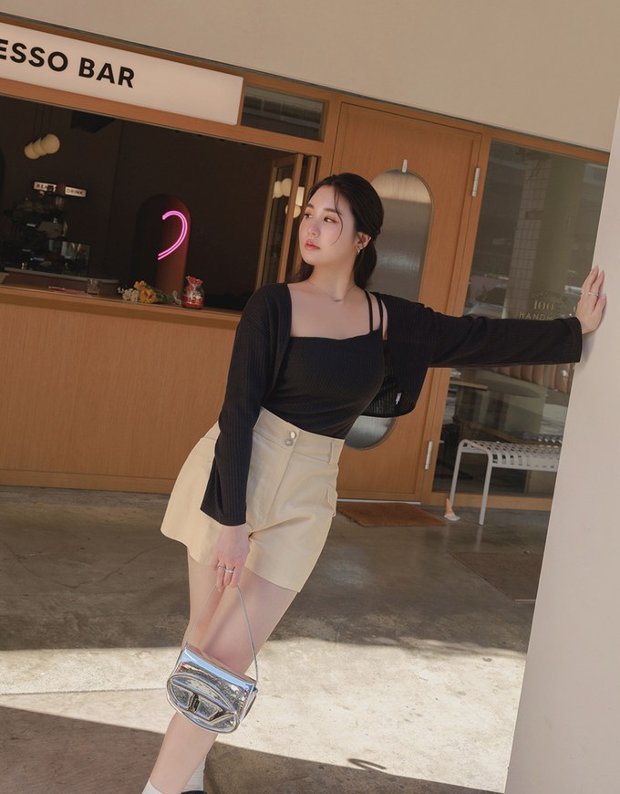 One Shoulder Dual Strap Cami Top + Cardigan (With padding)