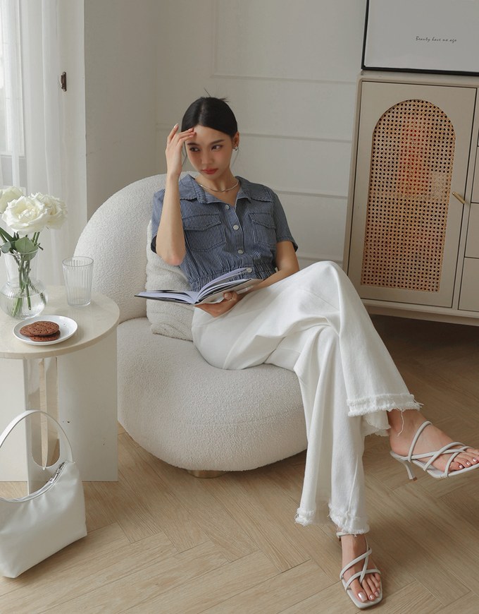 Straight Line Jeans Denim Fitted Blouse