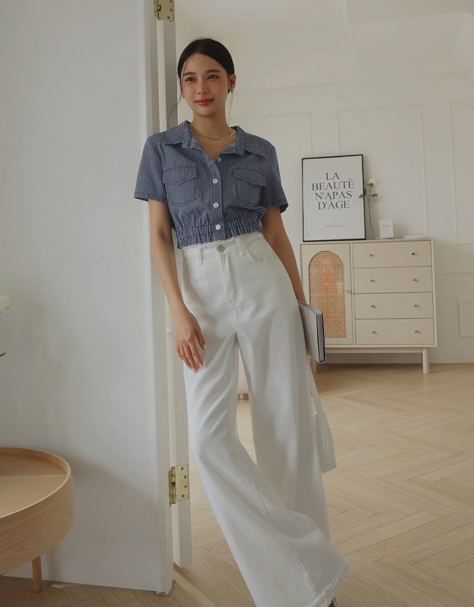 Straight Line Jeans Denim Fitted Blouse