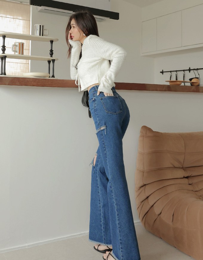 Distressed Frayed Flare Jeans Denim Jeans Pants