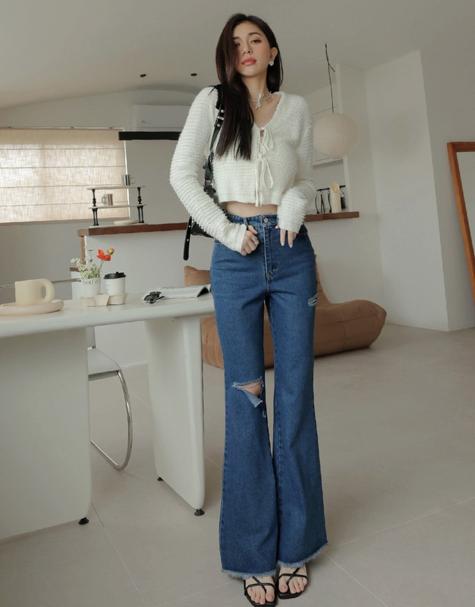 Distressed Frayed Flare Jeans Denim Jeans Pants