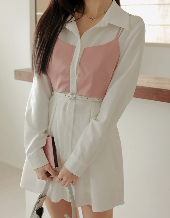 Layered Blouse Shirt Dress (With Belt)
