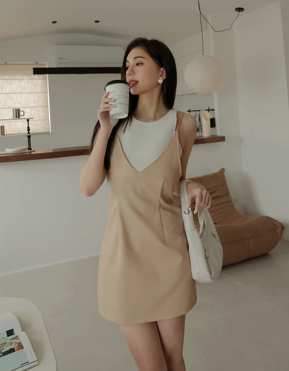 Faux 2 Piece Faux Leather Cami Dress (With Padding)