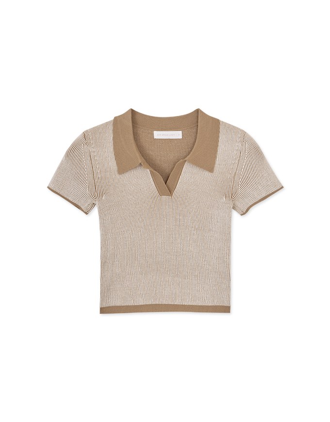Turn-over Collar Striped Knitted Top