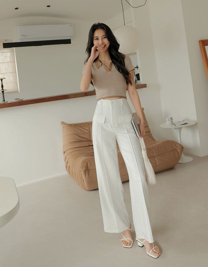 Turn-over Collar Striped Knitted Top