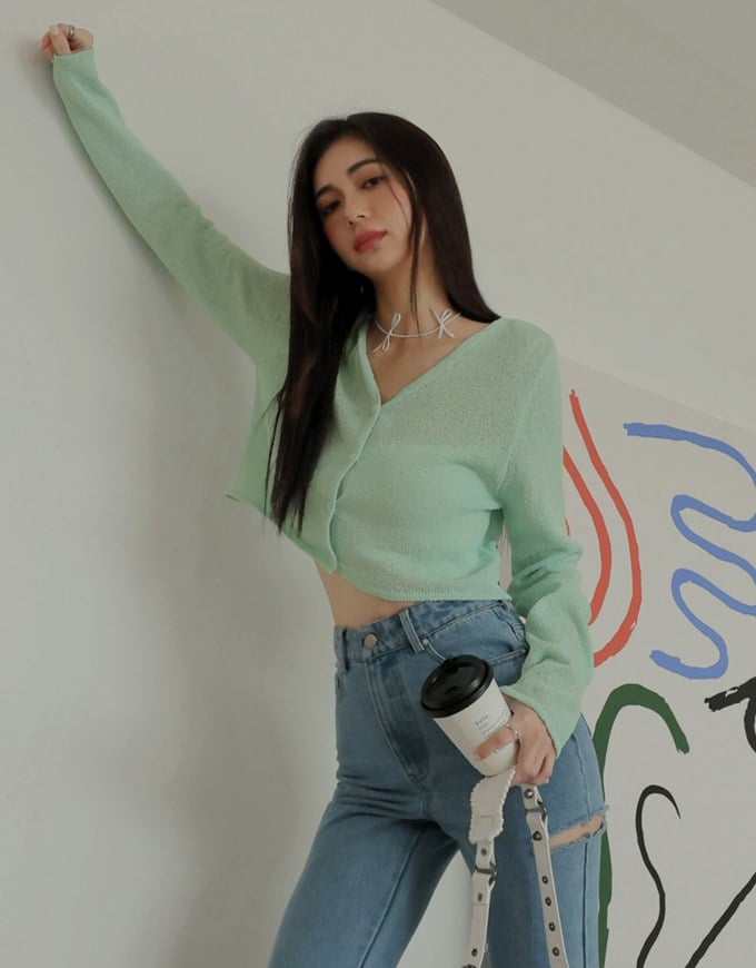 Pastel Color Correction Heart Shaped Button Knit Top
