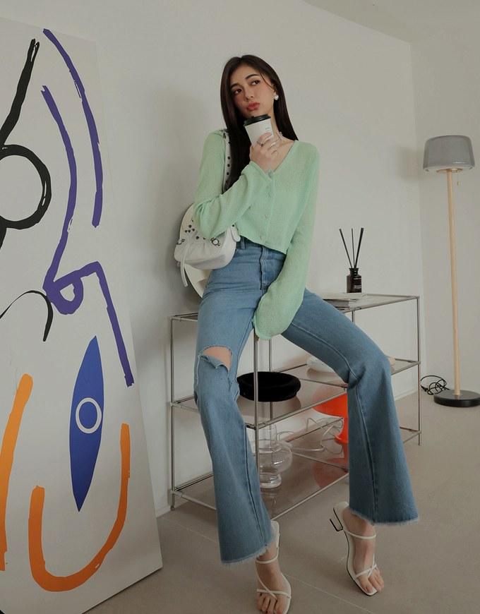 Pastel Color Correction Heart Shaped Button Knit Top