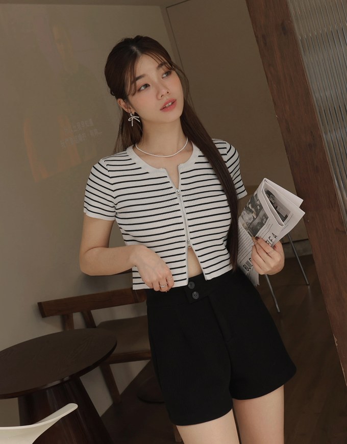 Double Sided Zippers Striped Knit Crop Top