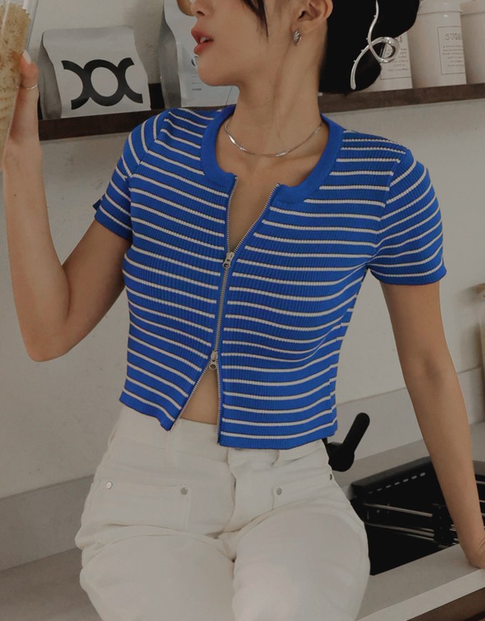 Double Sided Zippers Striped Knit Crop Top