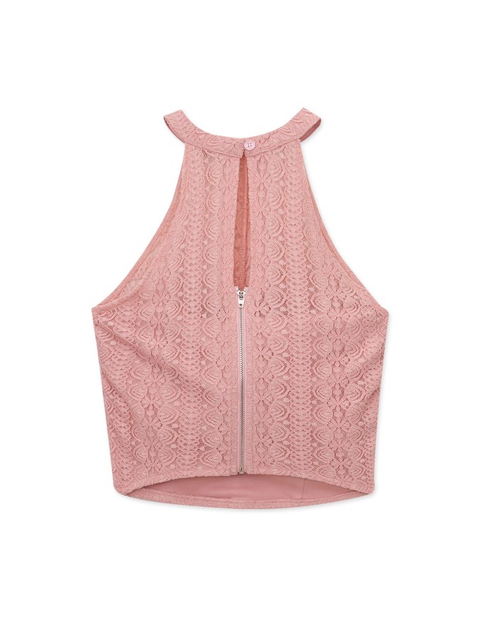 Sheer Embroidered Halter Padded Tank Top
