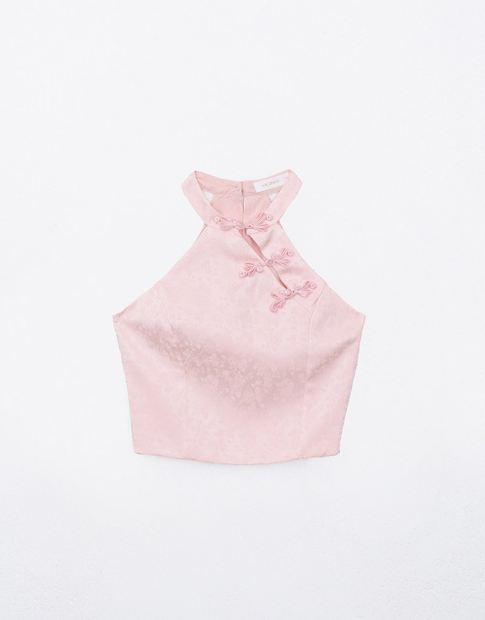【HXA Design】 Satin Floral Embroidery Halter Cheongsam Qipao Top H02