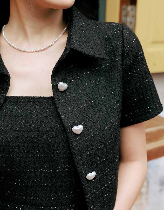 【HXA Design】Heart Tweed Cropped Jacket Top With Pearl Heart Button H09