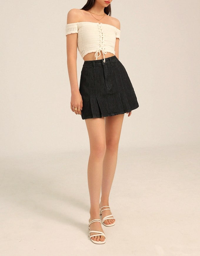 【Den!m LITE】Denim SKORT with Corset Waistline Extra High Waisted Pleated Jeans